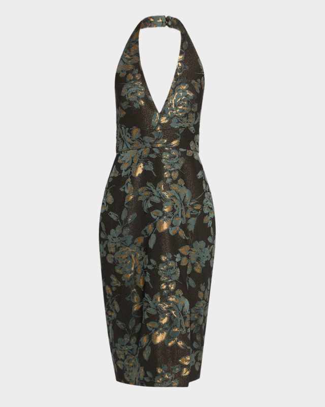 Deep V-Neck Stretch Jacquard Sheath Midi Dress